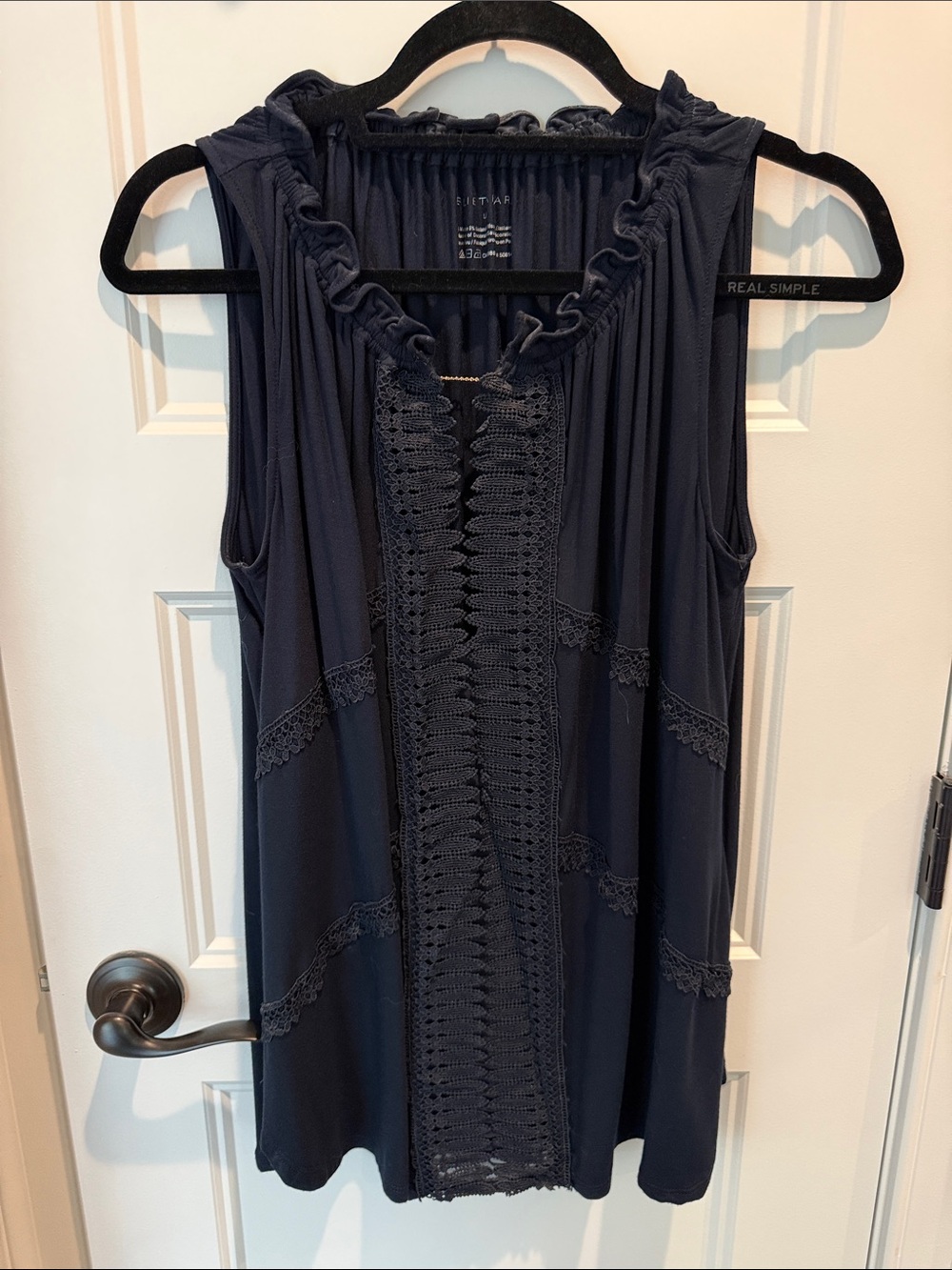 Eli Tahari- Navy Sleeveless Crochet-Trim Tank Top (L)